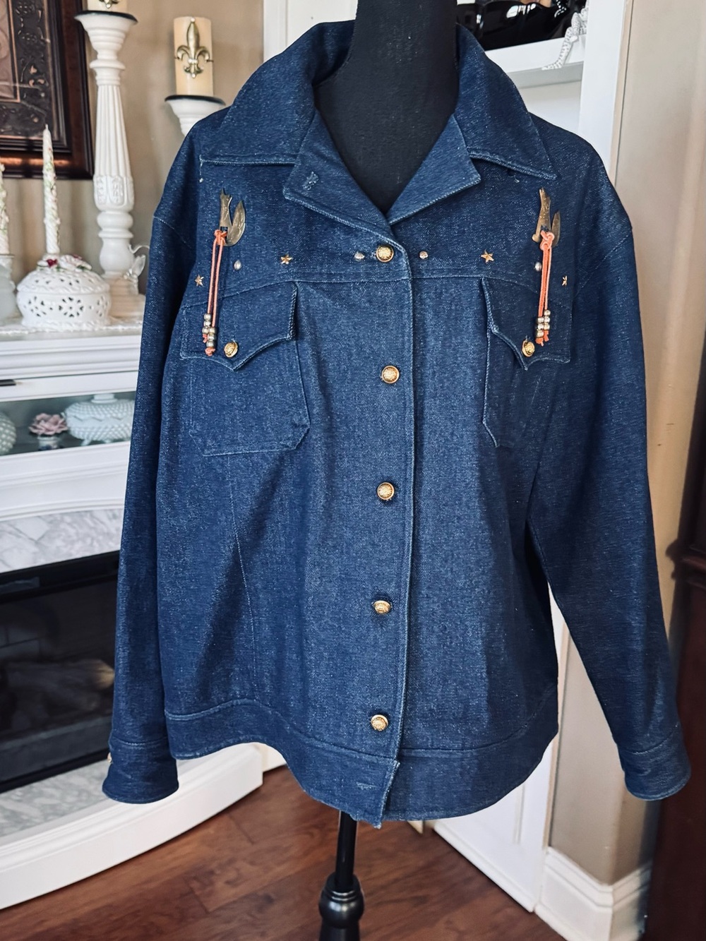 Vintage Dark Blue Denim Jacket Wolf Studs